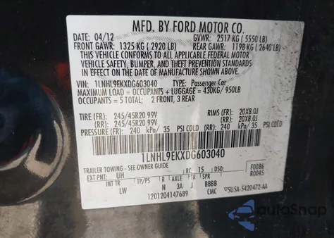 2013 Lincoln Mks z USA, uszkodzony, nr VIN 1LNHL9EKXDG603040